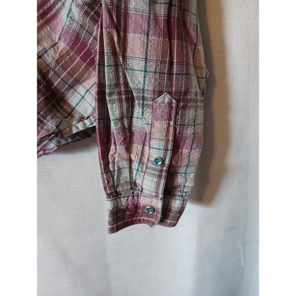 Twenty X Women's  L/S Pearl Snap Pink/Purple Plaid Blouse.  Blue piping. L. - Picture 3 of 9